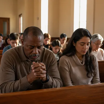Congregation Praying in Contemporary Church Hall