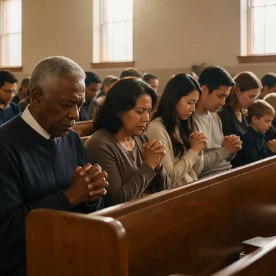 Congregation Praying in Sunlit Chapel Interior