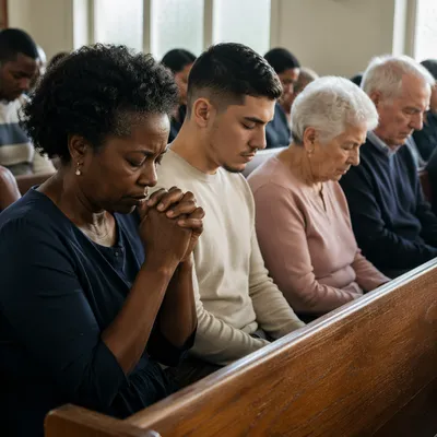 Congregation Praying in Sunlit Church Pews