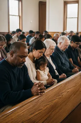 Congregation Praying in Sunlit Church Sanctuary