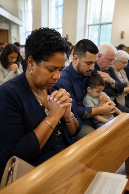Congregation Praying in Modern Church Sanctuary