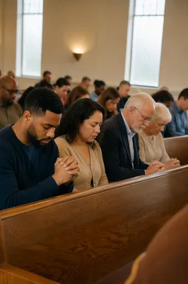 Congregation Praying in Contemporary Church Sanctuary