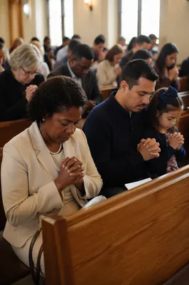 Congregation Praying in Sunlit Chapel Interior