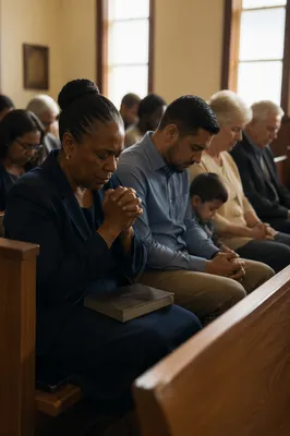 Congregation Praying in Sunlit Church Sanctuary