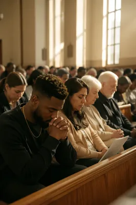 Congregation Praying in Sunlit Church Hall
