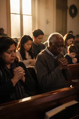Congregation Praying in Sunlit Chapel Interior