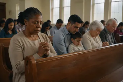 Congregation in Prayer Inside Sunlit Church