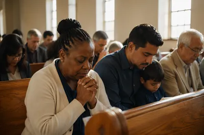 Congregation Praying in Sunlit Church Hall