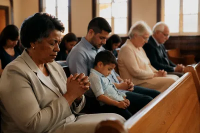 Congregation Praying in Sunlit Church Sanctuary