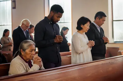 Congregation Praying in Sunlit Church Hall