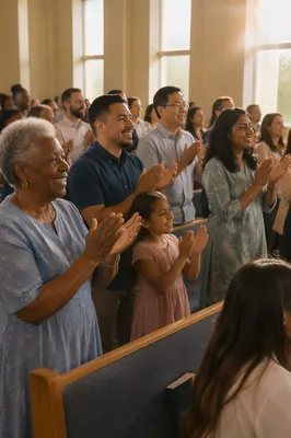 Joyful Congregation Clapping in Church Hall