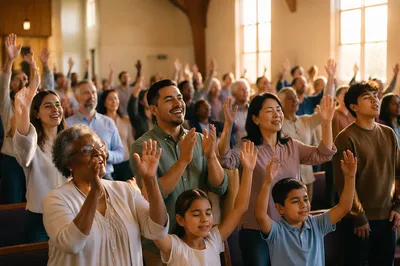 Joyful Diverse Congregation Clapping in Church