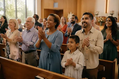 Joyful Congregation Clapping in Bright Sanctuary