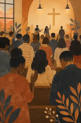 Reverent Congregation in Quiet Evening Worship