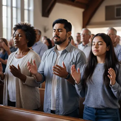 Congregation Praying in Bright Church Sanctuary