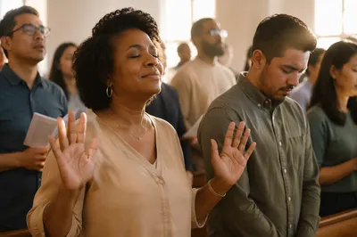 Congregation in Quiet Worship with Raised Hand