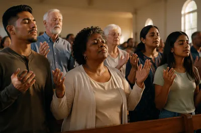 Congregation Praying in Bright Church Sanctuary