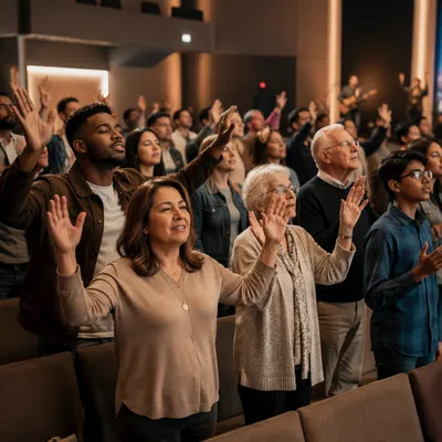 Diverse Congregation Raising Hands in Church
