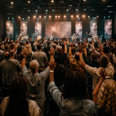 Congregation with Raised Hands in Auditorium