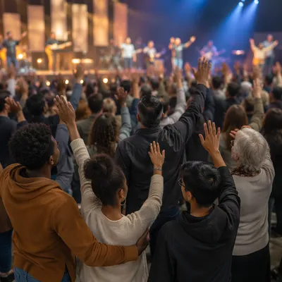 Raised Hands in Modern Church Auditorium