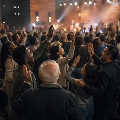 Raised Hands in Modern Church Auditorium