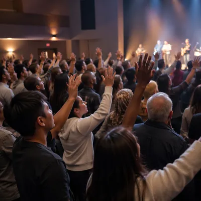 Raised Hands in Modern Church Auditorium