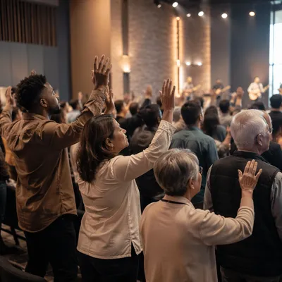 Congregation with Raised Hands in Church
