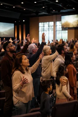 Congregation with Raised Hands in Auditorium