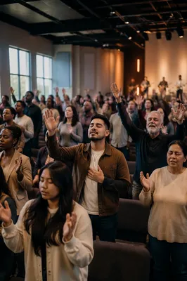 Congregation with Raised Hands in Church