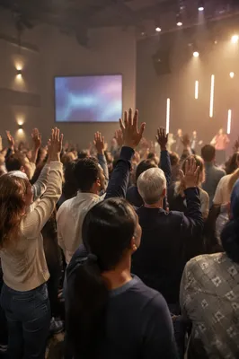 Raised Hands in Modern Church Auditorium