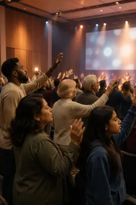 Congregation Raising Hands in Modern Church