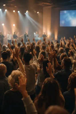 Raised Hands in Modern Church Auditorium
