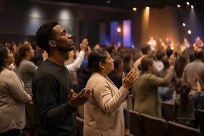 Congregation with Raised Hands in Church