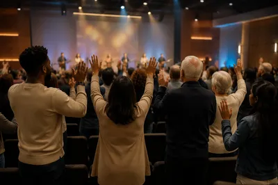 Congregation with Raised Hands in Church