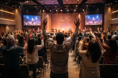 Congregation with Raised Hands in Auditorium