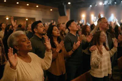 Diverse Congregation with Raised Hands in Church