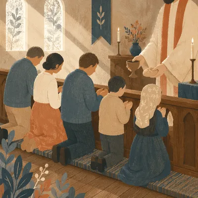Reverent Communion at Wooden Kneeling Rail