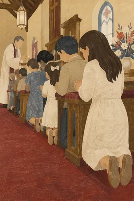Kneeling Congregation Receiving Communion in Sanctuary