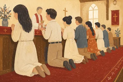 Kneeling Congregation Receiving Communion at Rail