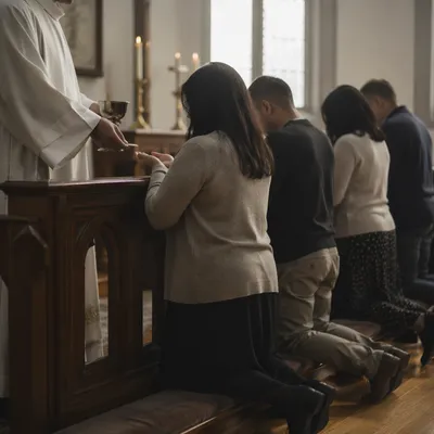 Reverent Communion at Wooden Kneeling Rail