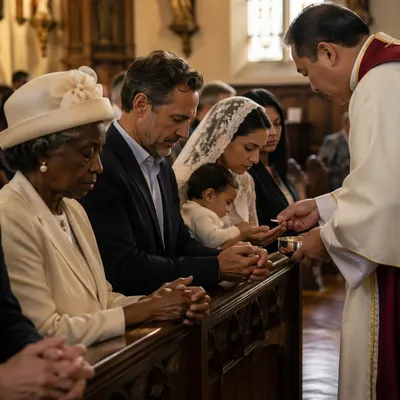Congregation Kneeling at Communion Rail in Prayer