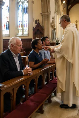 Diverse Congregation Receiving Communion at Altar Rail