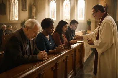 Congregation Kneeling at Church Communion Rail