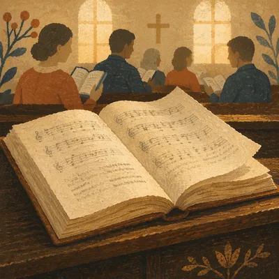 Open Hymnal with Congregation Singing Softly