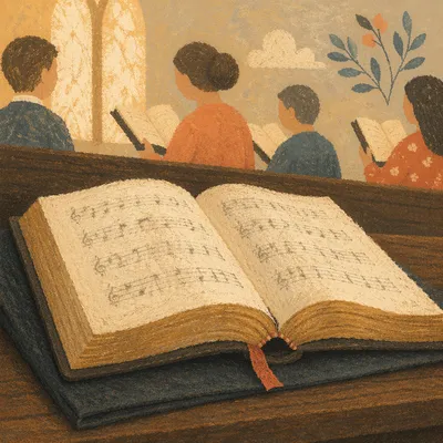 Open Hymnal on Wooden Pew