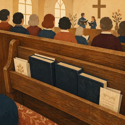 Hymnals Resting in Warm Church Pew