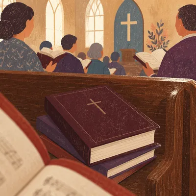 Hymn Books on Wooden Church Pew