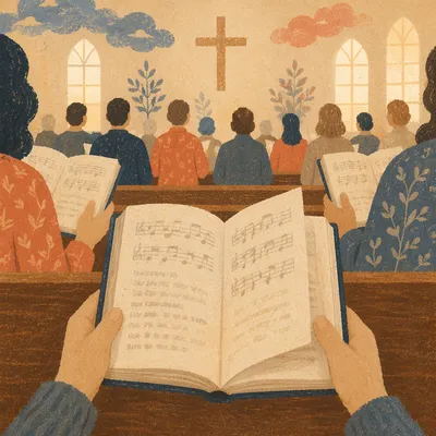 Congregation Singing from Open Hymnals