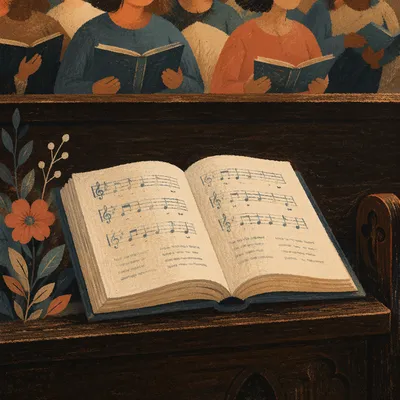 Open Hymnal on Church Pew