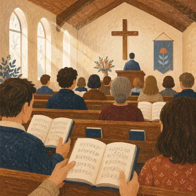 Congregation Singing Hymns in Sunlit Chapel